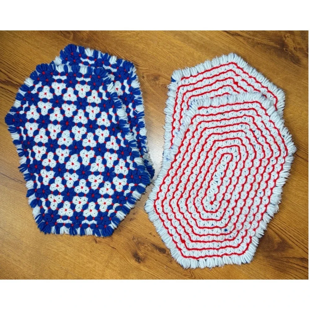 Vintage Handmade Crochet Loom Knit‎ Placemats Blue Red White Geometric Patriotic